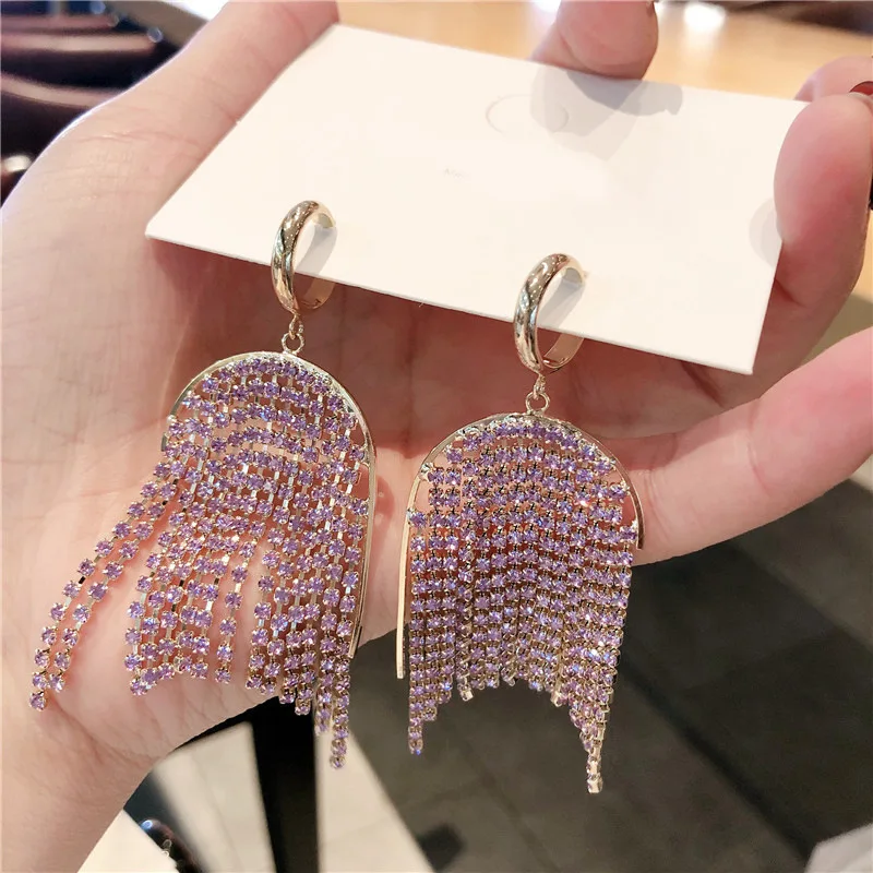 

Exaggerated Purple Color Spark Rhinestone Dangle Earrings for Women Gold Color Alloy Tassels Hanging Drop Earrings Party Jewelry
