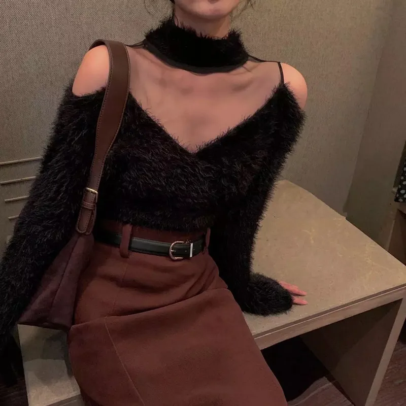 

halted patchwork chic retro sweater elegant mohair soft comfot sweater 2021 new winter sweater basic solid outgoing pullovers