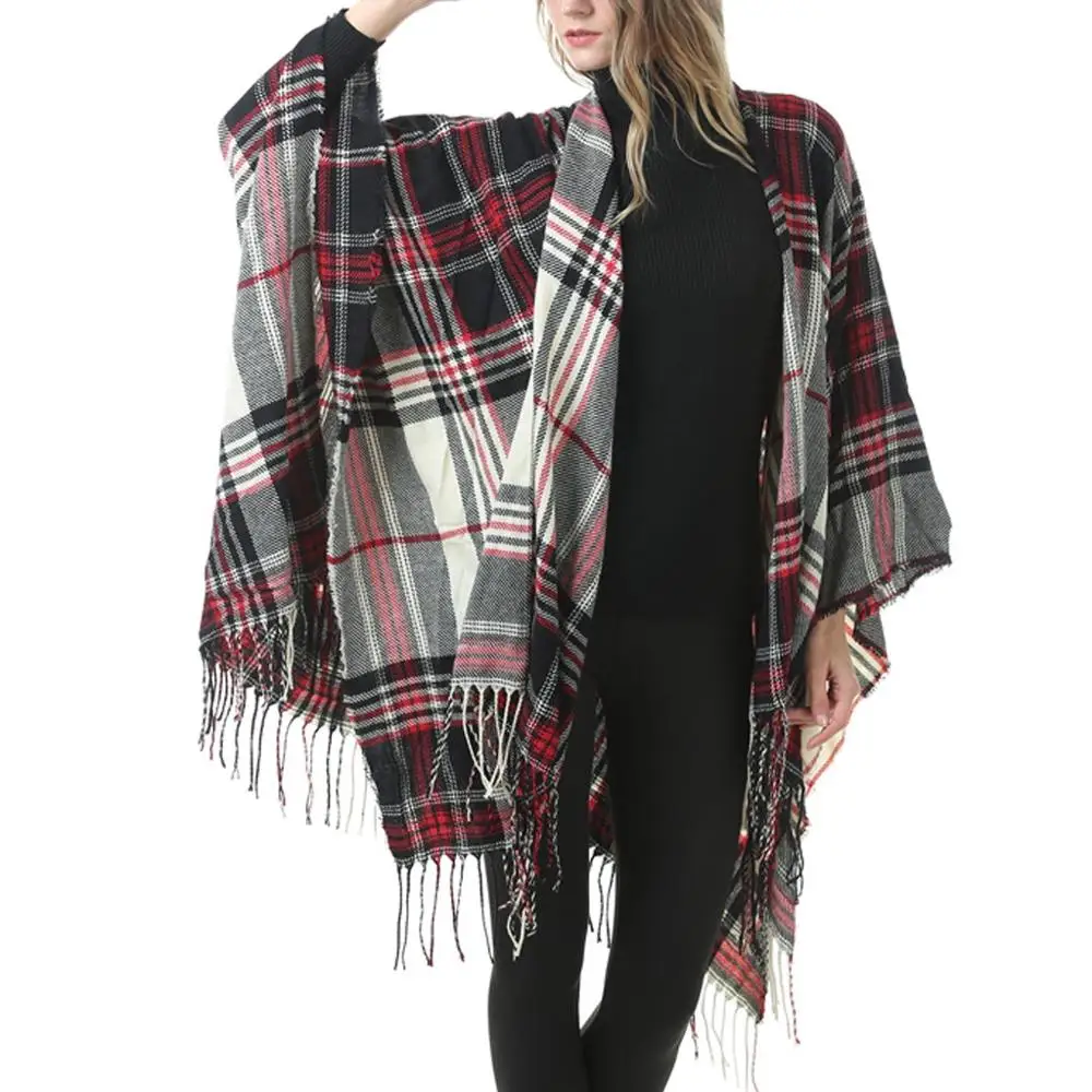 Элегантная модная женская клетчатая шаль из пашмины с кисточками накидка свитер