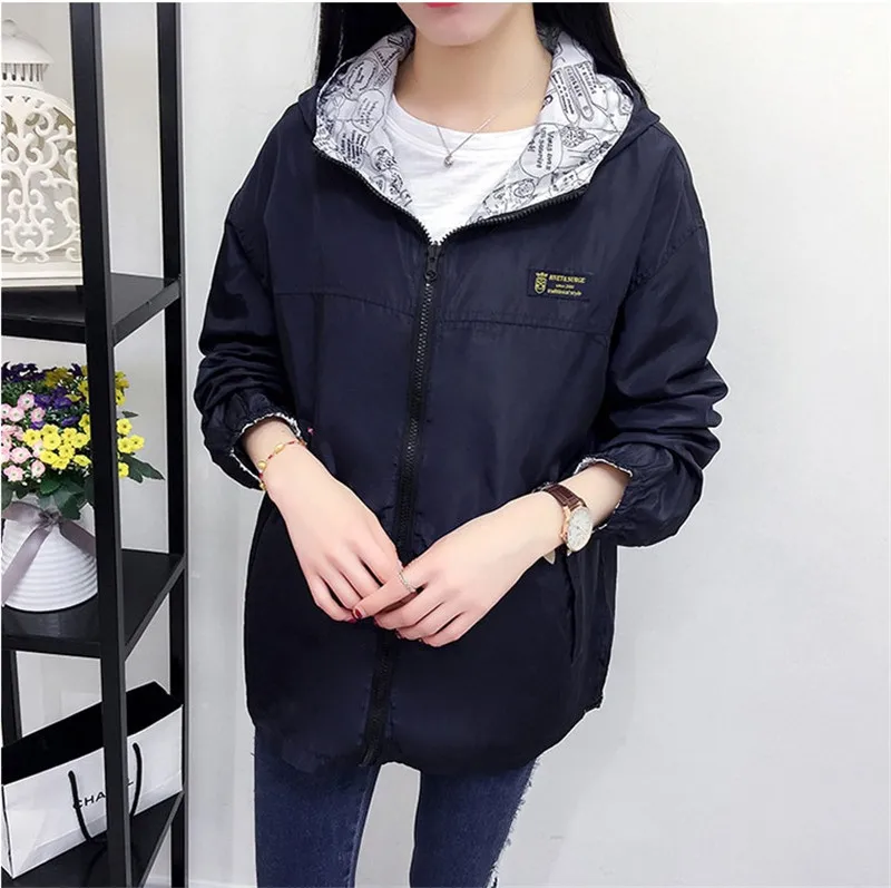 

Spring Autumn Fashion women Bomber women Jacket Pocket Zipper Hooded Two Side Wear Outwear Loose Plus Size Windbreaker Famale