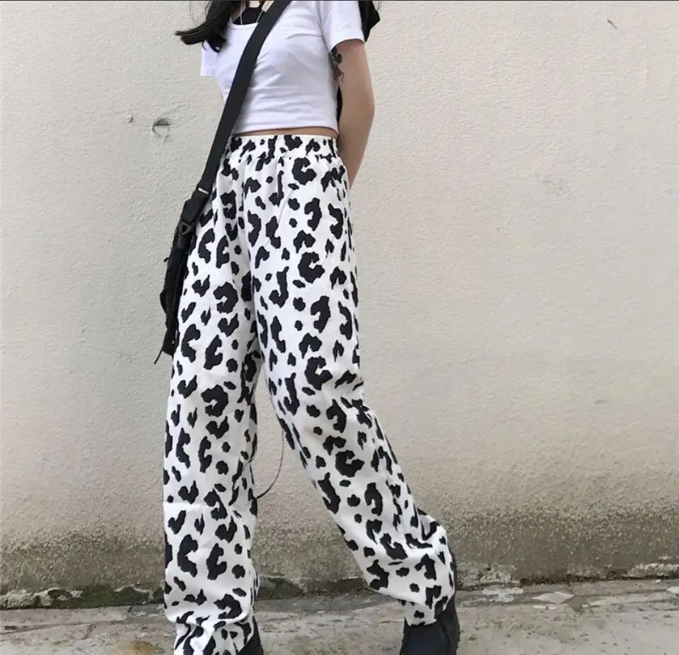 

LISCN cow pattern pants summer thin high-waist drape wide-leg pants loose straight casual pants student trend women's pants