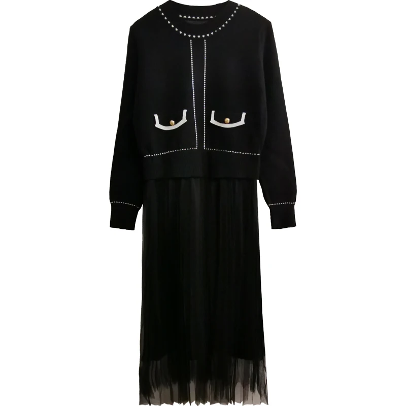 Winter Autumn New Style Long Dress Women Knitted Splicing Net Yarn Elegant Vestidos Trendy Office Party Dress Robe