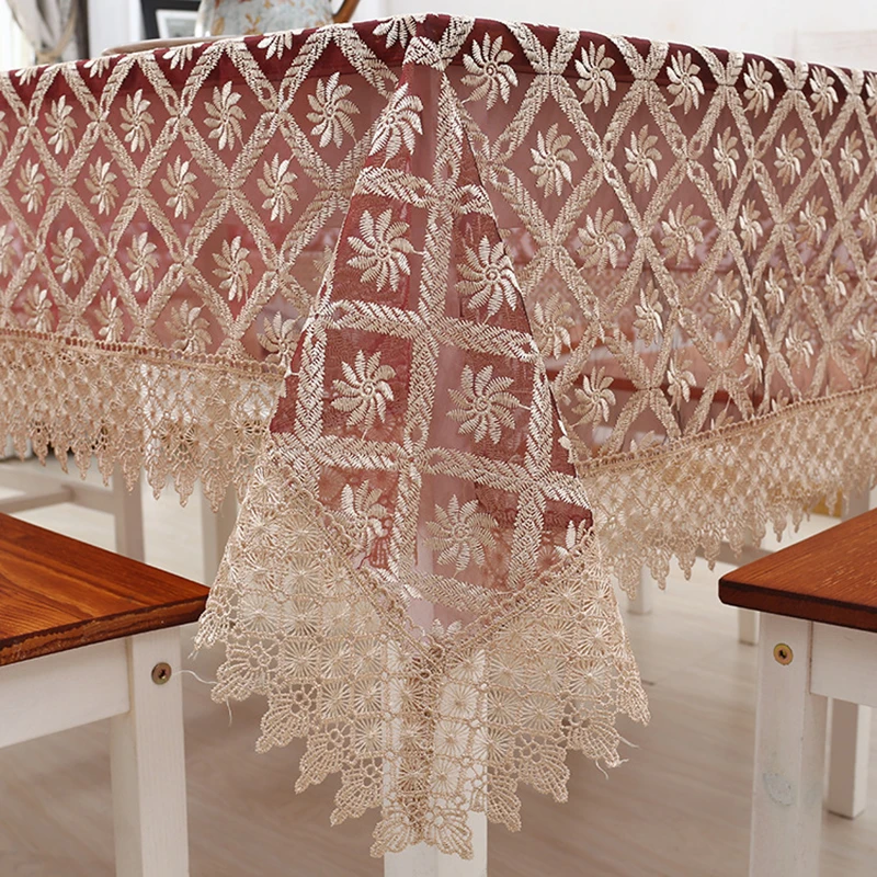 

Countryside Tablecloth Transparent Glass Yarn Water Soluble Lace Hem European Style Cover Washable Table Cloth for Tea Table