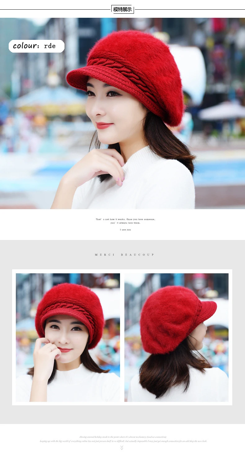 Women's hat winter rabbit hair knitted beret hat winter hats for women caps women fashion winter hat women's knitted hat