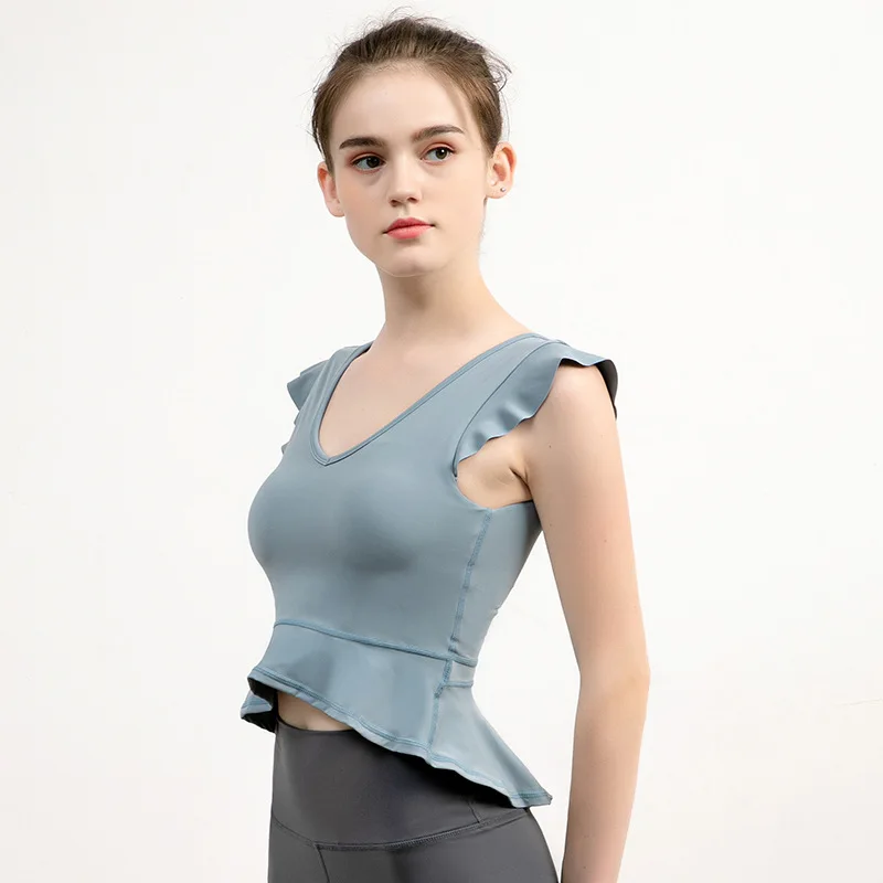 Yoga Vest Ruffled Blouse with Chest Pad Summer Fashion Thin and Quick-drying Sports Vest Nude Feeling