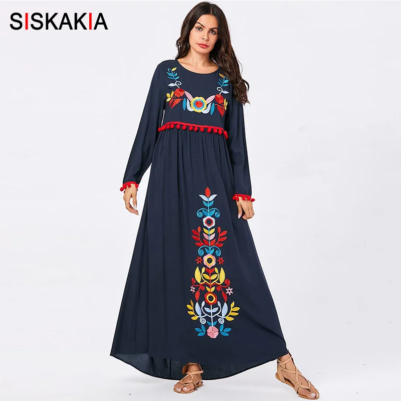 Женское платье с цветочной вышивкой Siskakia Длинное свободное круглым вырезом