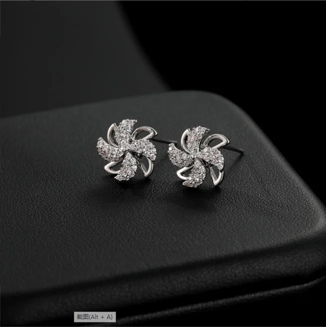 

Korean Version S925 Silver Needle Temperament Rotary Love Windmill Earrings Micro Inlaid With Zircon