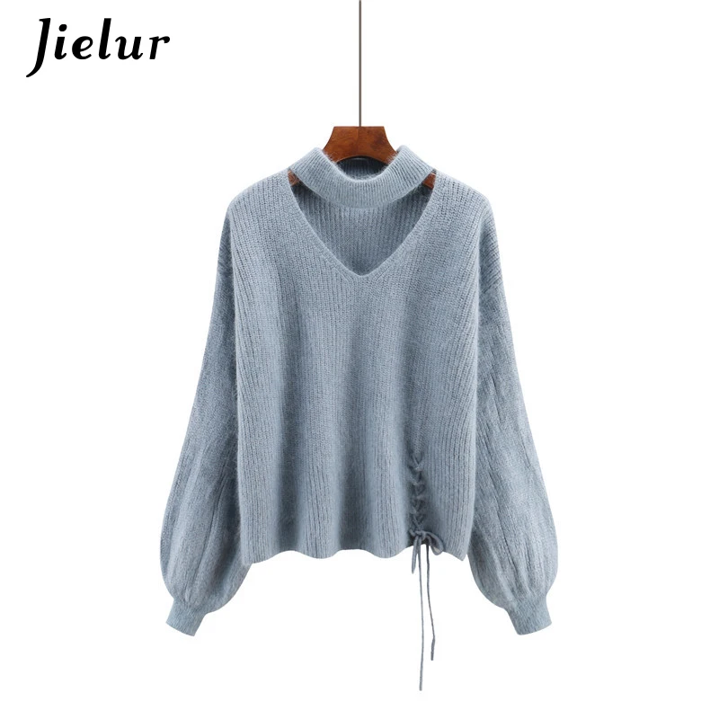 Jielur 5 Solid Color Hollow Lace-up Sweater Women Korean Style Winter Pullover Lantern Sleeve Warm Streetwear Sueter Mujer 2021 | Женская