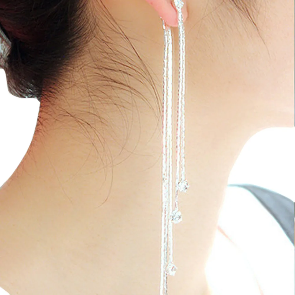 

earrings 1 Pair Fashion Rhinestone Women Party Cocktail Dangle Long Tassels Hook Drop Shiny Linear Earrings