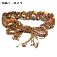 rainie sean womens braided belt ethnic colourful wooden bead belts for women handmade casual wide ladies waist belt for dress