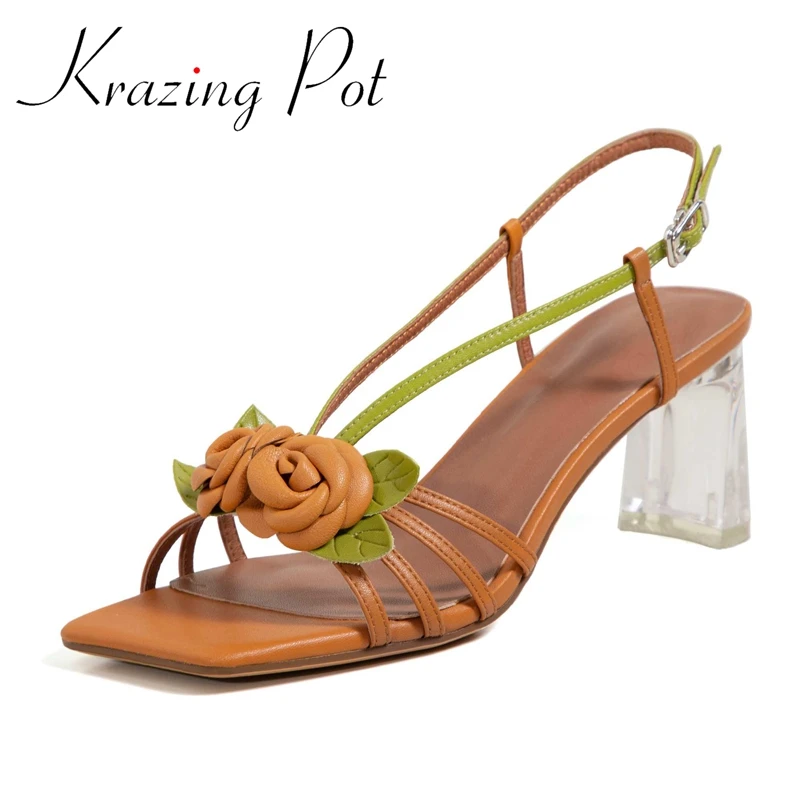 

Krazing Pot genuine leather high heels open toe mixed colors flowers crystal heel strange style buckle straps women sandals L70