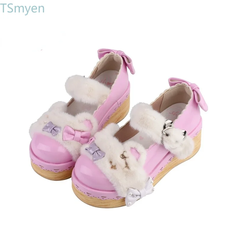 

Autumn Women Platform Shoes Sweet Candy Color Kawaii Lolita Middle Heel Girls Cute Bow Plush Buckle Strap Wedges Shoes for Women