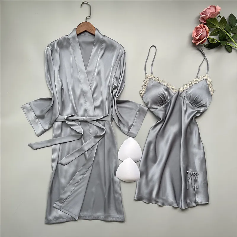 

Summer Women Robe Set Kimono Gown Sexy Lace V-Neck Knee-Length Nightgown Sleepwear Silky Gray Satin Home Dress Wedding Robe