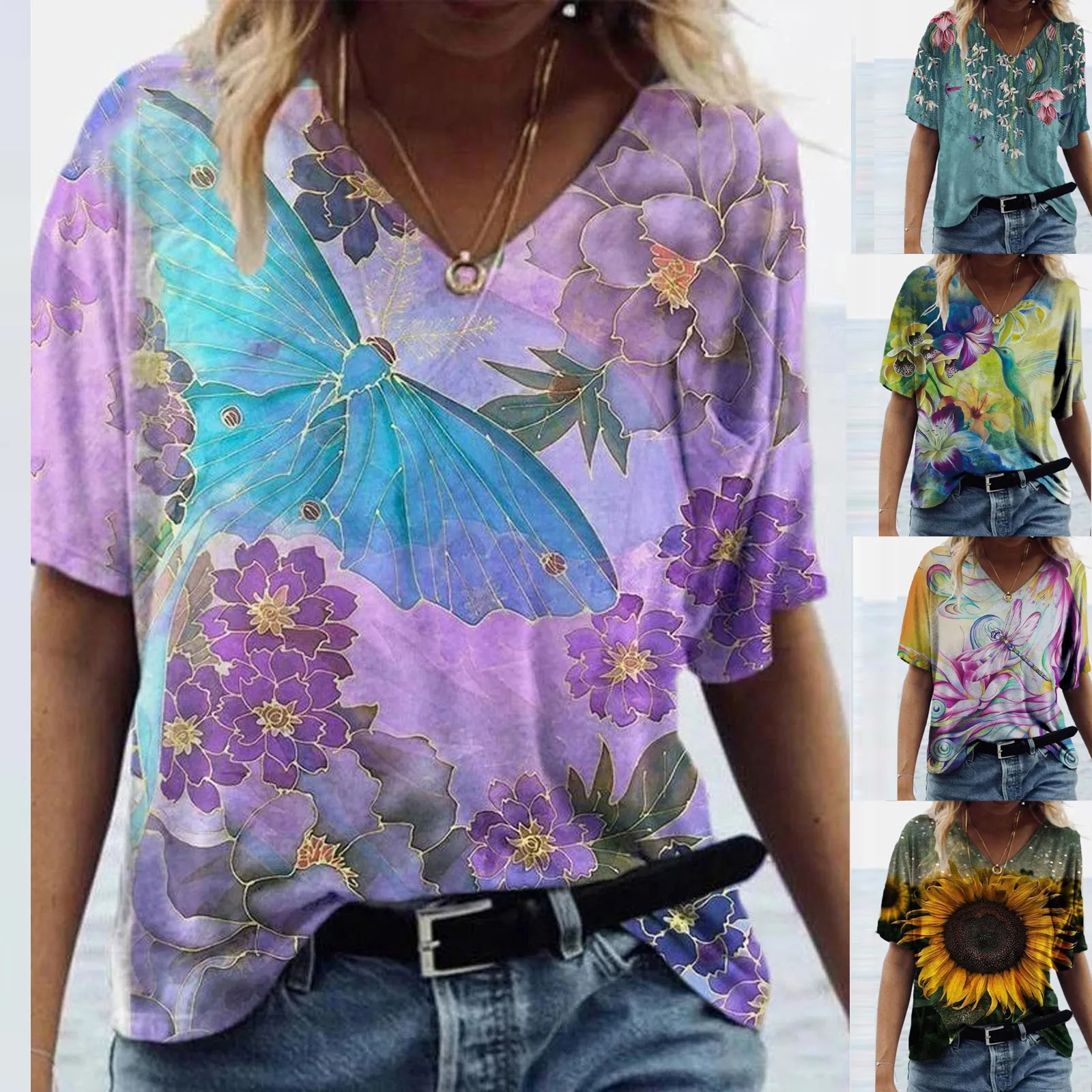 

Women's Oversize T-Shirt Summer Casual Plus Size Scenic Flowers Printing Round Neck Tops Ladies Loose tshirt Tops