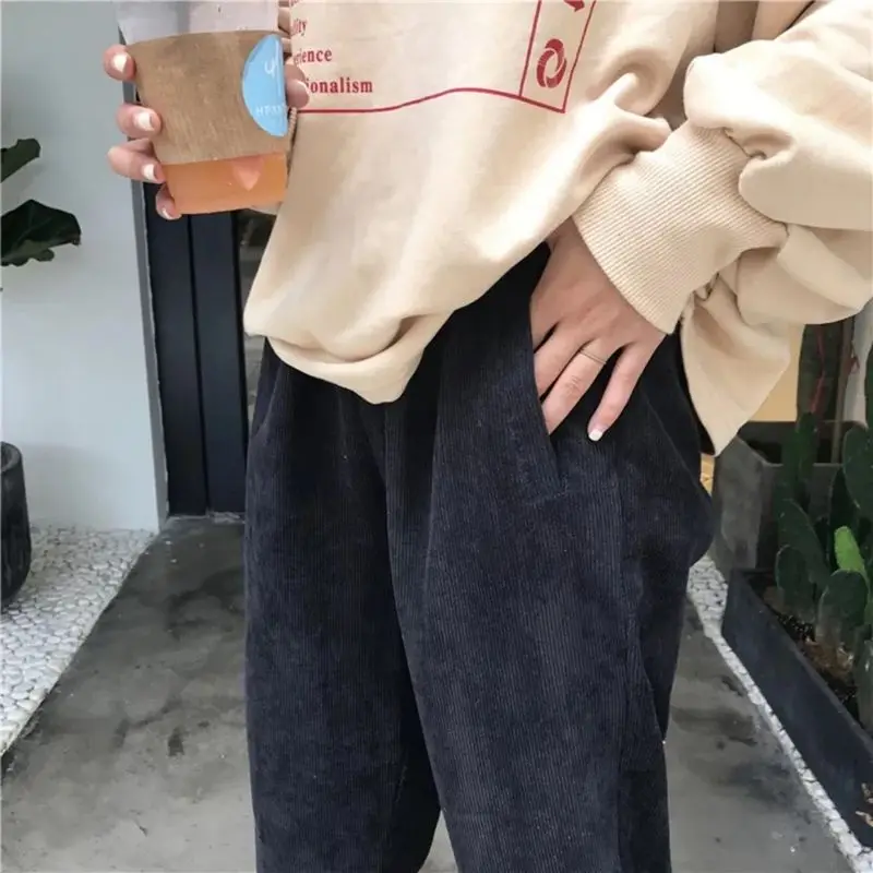 

Casual Pants Women Solid Corduroy Straight Ankle-length Elastic Waist Simple Ulzzang Girls Trousers Casual Loose Harajuku Trendy