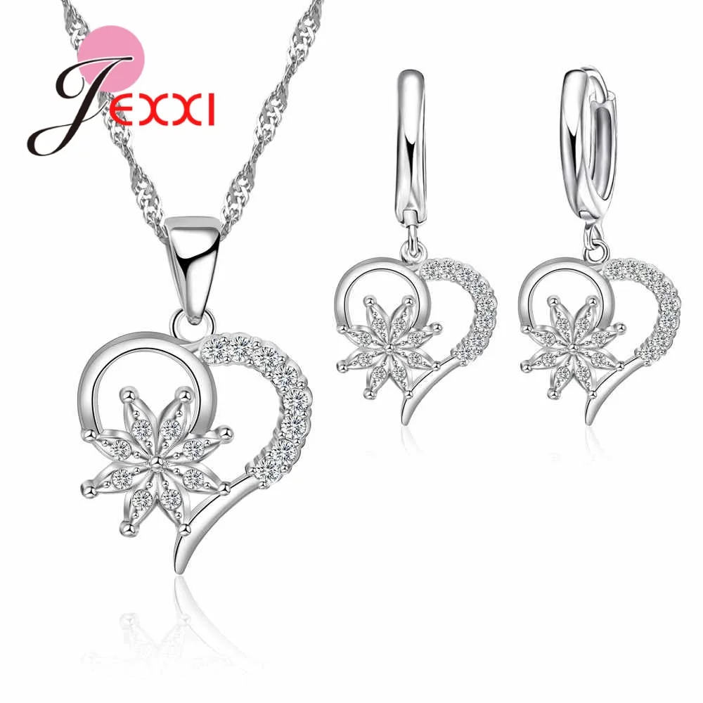 2021 Trendy Wedding 925 Sterling Silver Bridal Pendant Necklaces Earrings Jewelry Sets For Women Heart Crystal Jewelry Bijoux