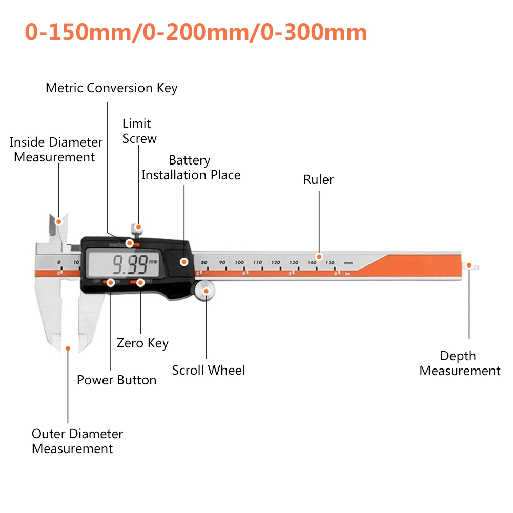 

150/200/300mm Stainless Steel LCD display Electronic Digital Vernier Caliper Stainless Steel Gauge Ruler 0.01mm Precision