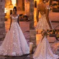 2021 wedding dresses capped sleeves lace appliques bridal gowns custom made backless sweep train a line wedding dress