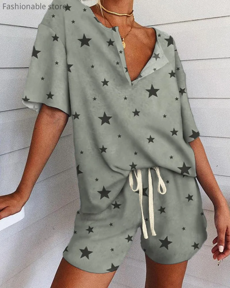 

Women Stars Print V-neck Short Sleeve Top and Shorts Set Women Casual 2pcs Set Suits