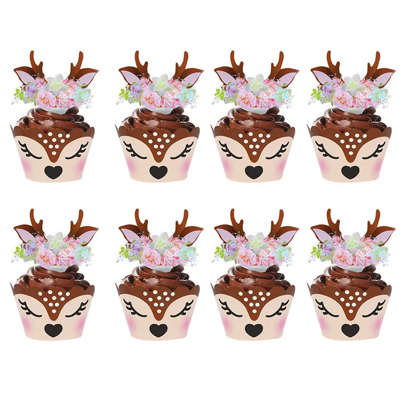 

24pcs Cute Cartoon Sika Deer Cupcake Wrapper Paper Cake Toppers For Christmas Decoration Xmas New Year Birthday Wedding Decor