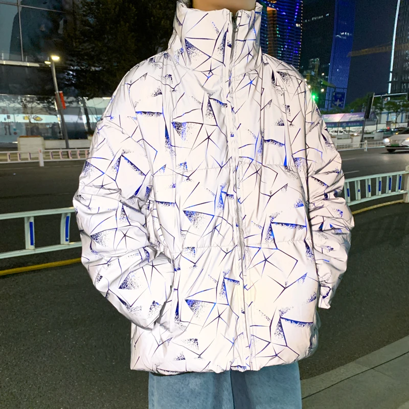

New Winter Jacket Men Reflective blue red Printed Harajuku Parkas Coat Oversized High Street Hip Hop Warm Cotton Coat Outwear