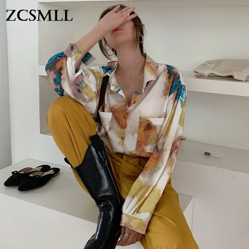 

ZCSMLL Autumn 2020 Oversized Shirt Long Sleeve Blouse Women Button Up Oil Painting Loose Top Korean Fashion Clothing