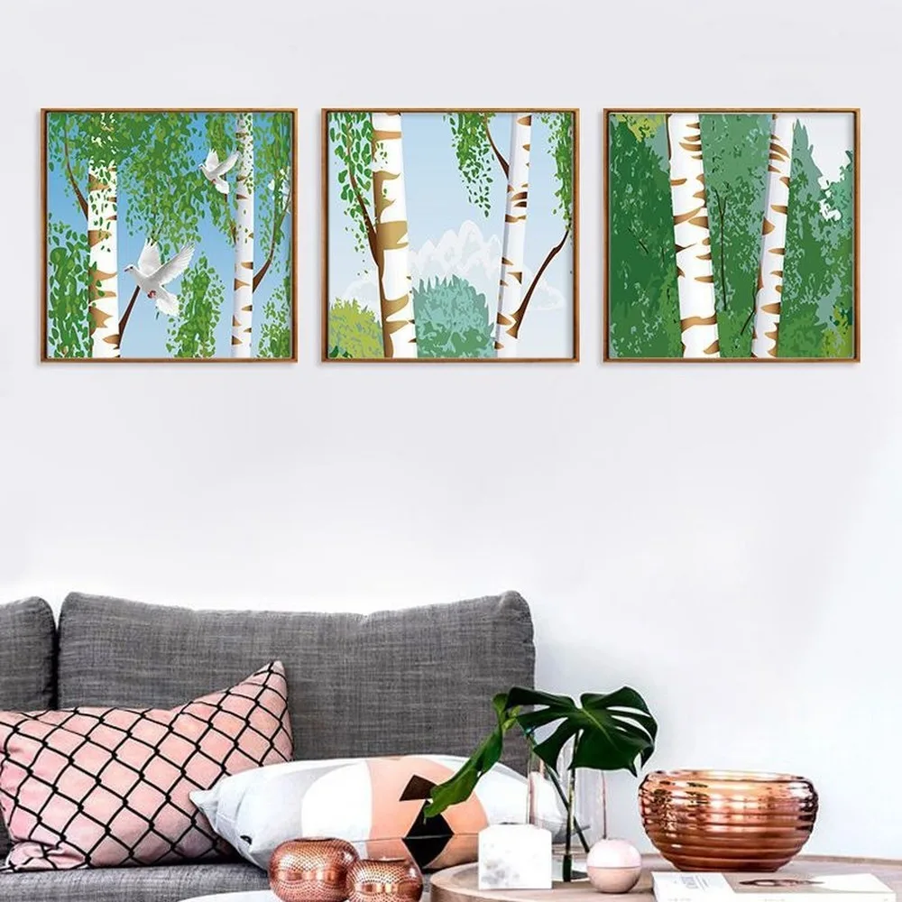 

Green Forest Watercolor Oil Painting White Pigeon Waterproof Posters Family Living Room Bedroom Decorative Canvas Painting