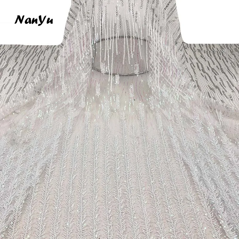 Красивое платье невесты белая вышитая кружевная ткань с блестками Высокое