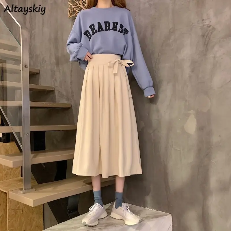 

Skirts Women Ulzzang Pleated Korean Style Solid Office Lady Fashion Mid-Calf 2021 Lace-Up Simple Fall College Female New Arrival