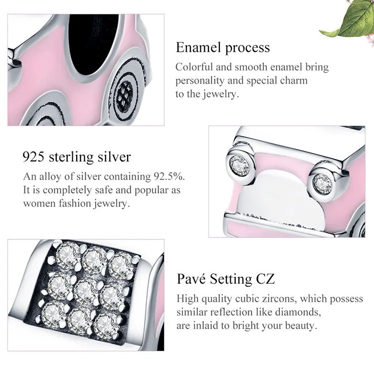

2021 NEW Mini Car Pink Enamel Metal Clear CZ Bead fit Female Original hot sale 925 Charms Bracelets Bangle Fashion Jewelry