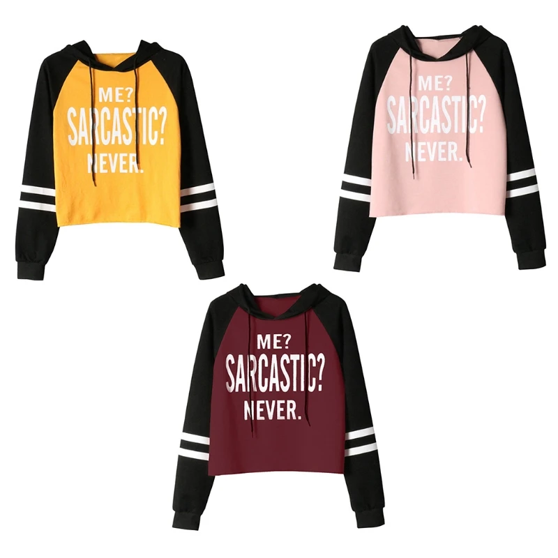 

Женские осенние полосатые толстовки с длинным рукавом и шнурком, забавный саркастический укороченный топ с буквенным принтом, повседневны...
