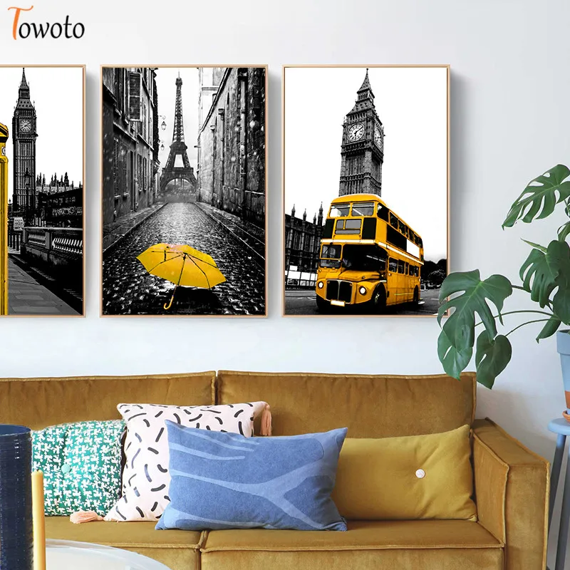 Современная желтая часть стены художественный постер картина Картина пейзаж