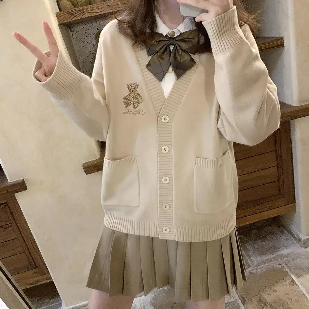 

JK Uniform Sweater Jacket Female Student Autumn Version Loose College Cute Bear V-neck Knit Cardigan Embroidery Free Shipping