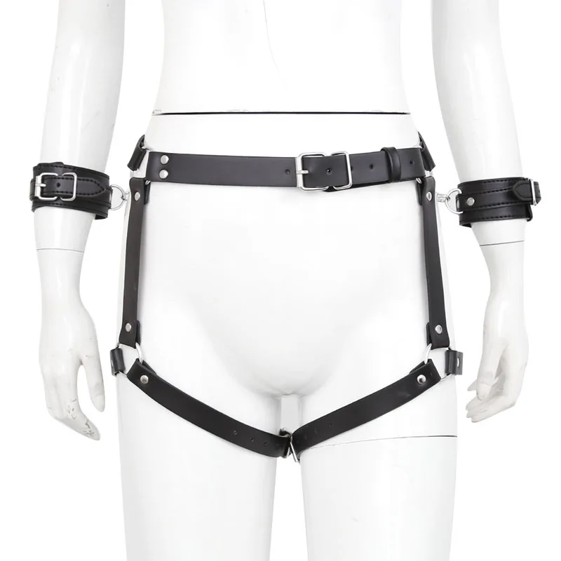 

Thigh bondage belt leather underwear briefs pantes with handcuffs adult games bdsm fetish restraints hand cuffs chastity panty