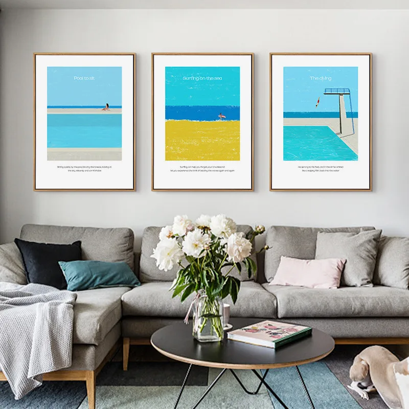 

Nordic Style Decorative Painting Summer Scenery Character Girl Sea Beach House Cloud Canvas Sofa Wall Picture Poster Living Room