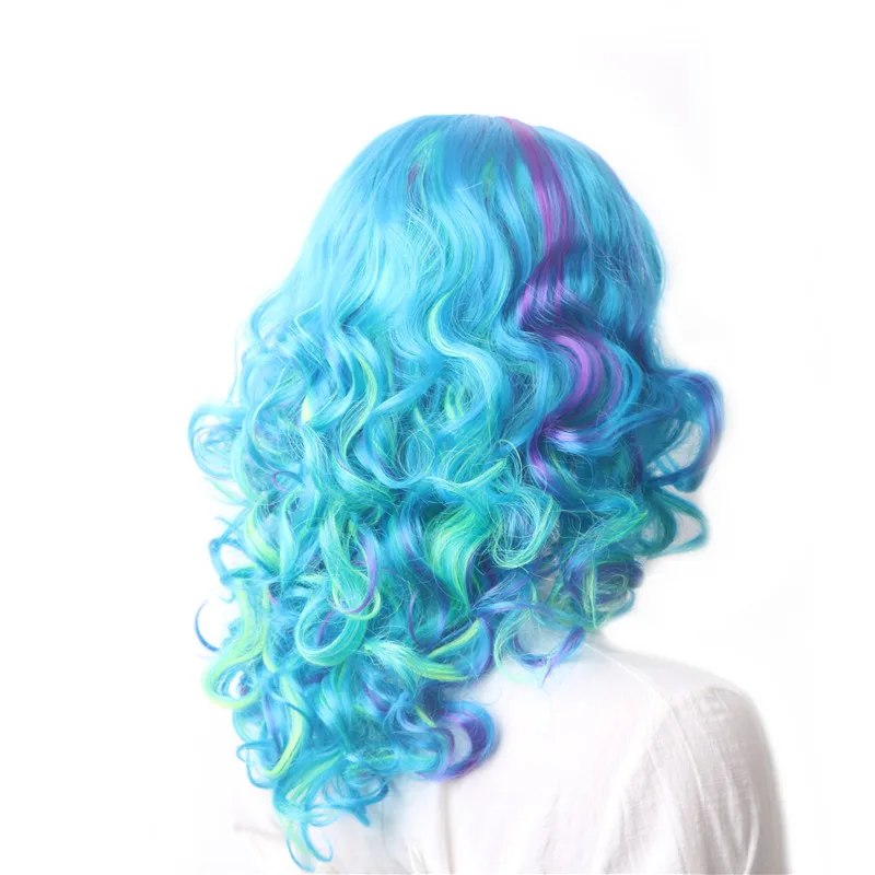 

WoodFestival Multi Colored Synthetic Cosplay Wigs For Women Short Curly Hair Wig Rainbow Female Ombre Black Blue 18Inches