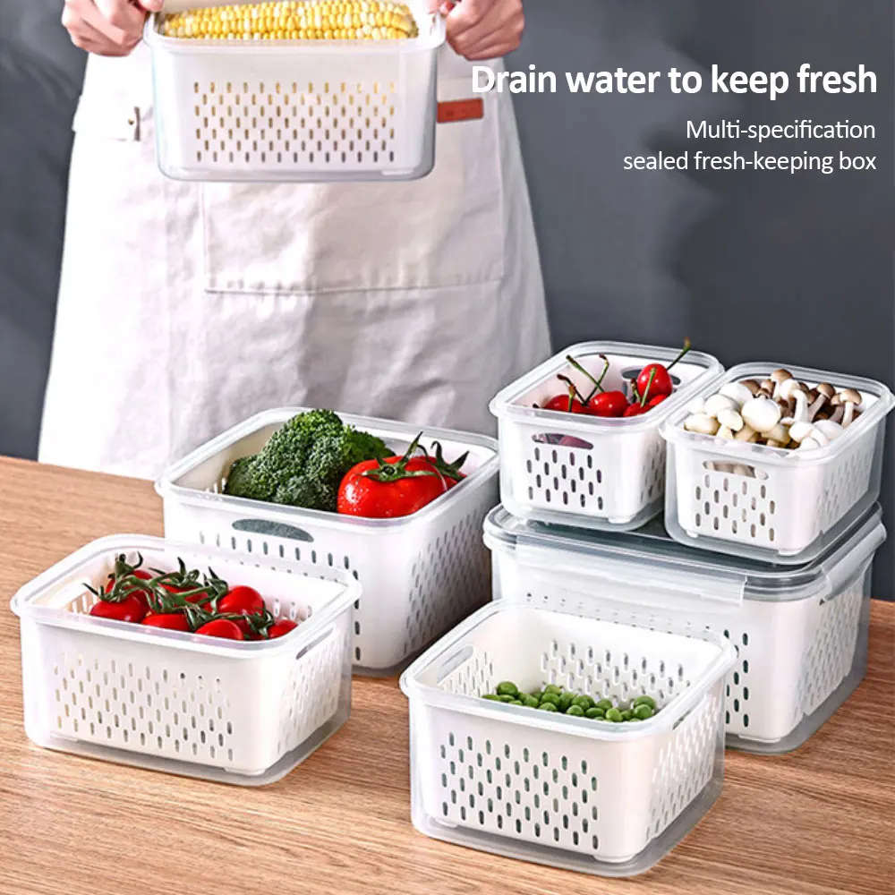 

Fridge Storage Box Refrigerator Fresh Vegetable Fruit Boxes Drain Basket Storage Containers With Lid Kitchen Tools Organizer
