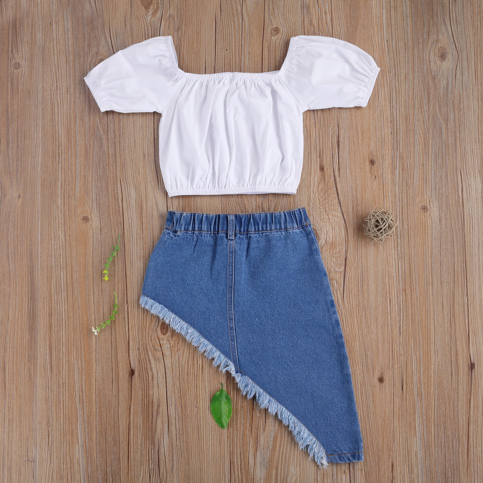 

OPPERIAYA Baby Girls Summer Tops pocket Denim Skirts Short Sleeve Off Shoulder Shirts Ruffle Hem Side Pocket Half Dress 2Pieces