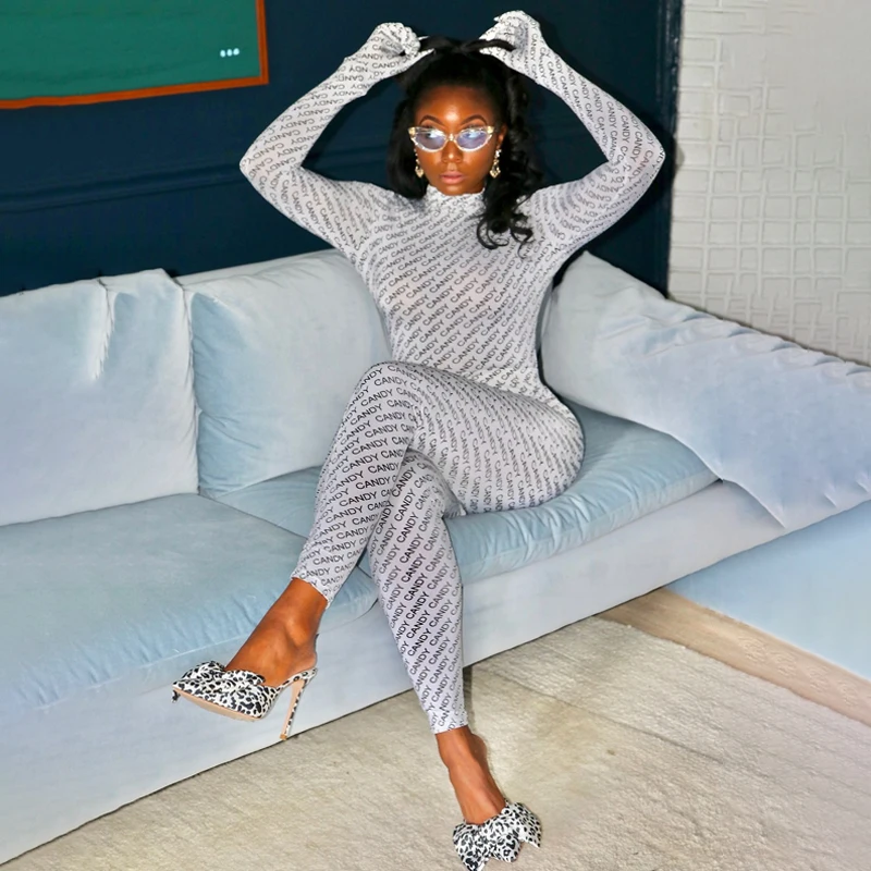 

Cutubly Turtleneck Sexy Jumpsuit Letters Print Rompers And Jumpsuits For Women Autumn Long Sleeve With Gloves Fashion Romper
