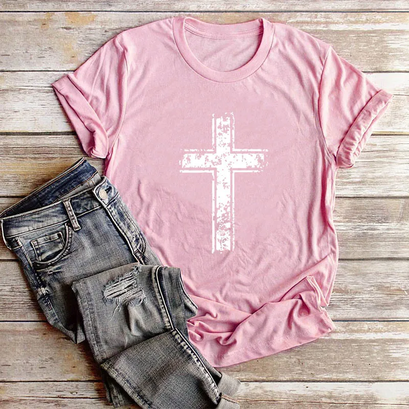 Новые модные Для женщин футболки летние шорты рукавом Винтаж футболка Jesus христианский крест печати Топы Женская футболка плюс Размеры