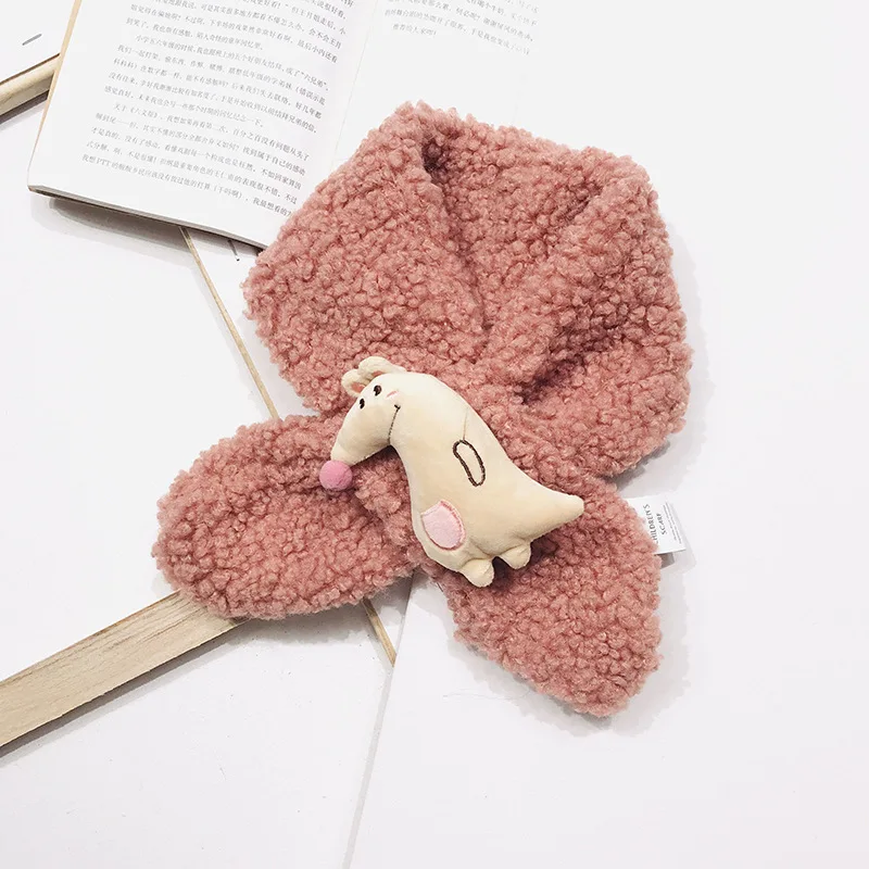 Leather Pink Зимний Детский Теплый шарф с меховым воротником, шарфы с героями мультфильмов для маленьких мальчиков и девочек, теплый шейный платок с крестовым кольцом, милый шарф - Цвет: Leather Pink