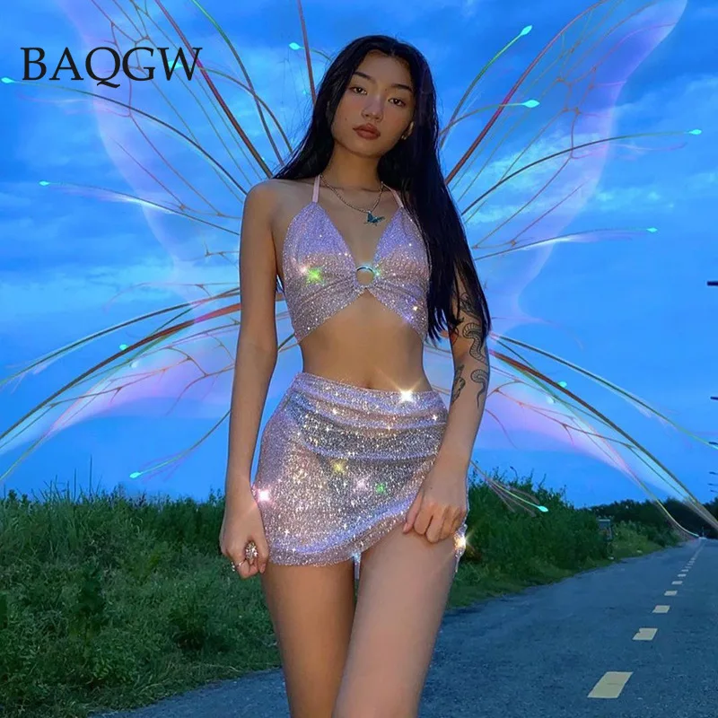 Женский блестящий комплект из двух предметов розовый топ с лямкой на шее и