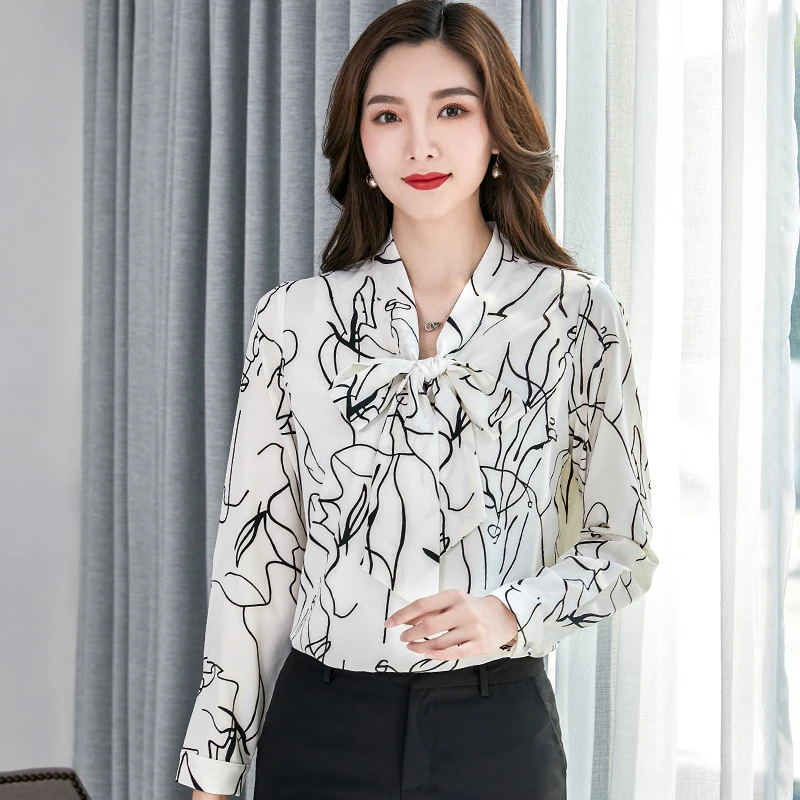 

Женские рубашки с бантом 2020 женская блузка Топ с длинным рукавом Повседневные белые полосатые отложным воротником офисные стильные женски...