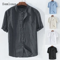 plus size 4xl 5xl men fashion blouse short sleeve linen shirt 2021 single breasted tops solid casual shirts sexy mens clothing