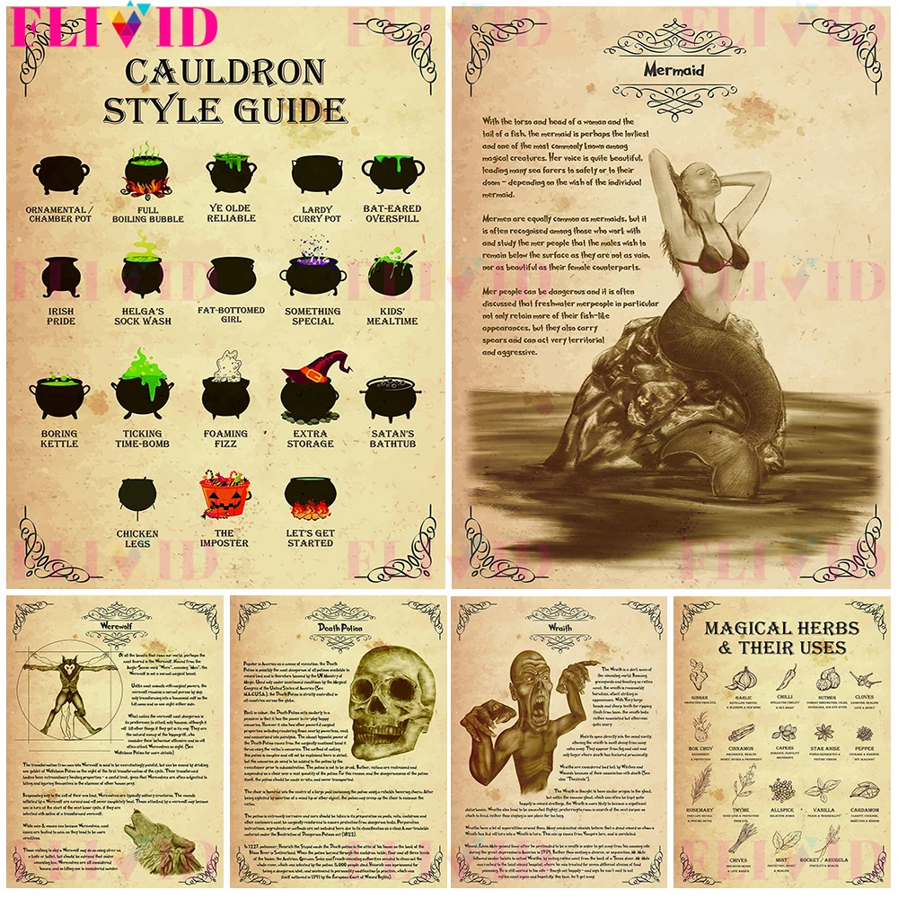 

Vintage Cauldron Style Guide Witch Soup Witchcraft Nordic Poster Wall Art Canvas Painting Wall Pictures For Living Room Unframed