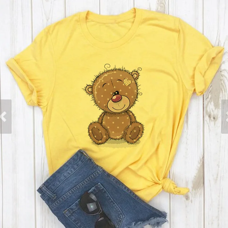 

Новинка лета 2021, женская желтая футболка с милым медведем и мультяшным принтом, забавная Повседневная модная футболка с коротким рукавом, ж...