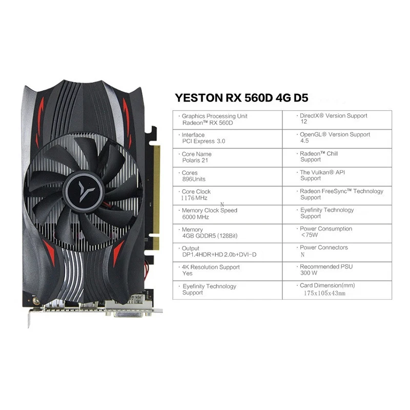Игровая видеокарта YESTON RX560D 4G D5 4 ГБ/GDDR5/6000 бит МГц Polaris 11 игровая для настольного