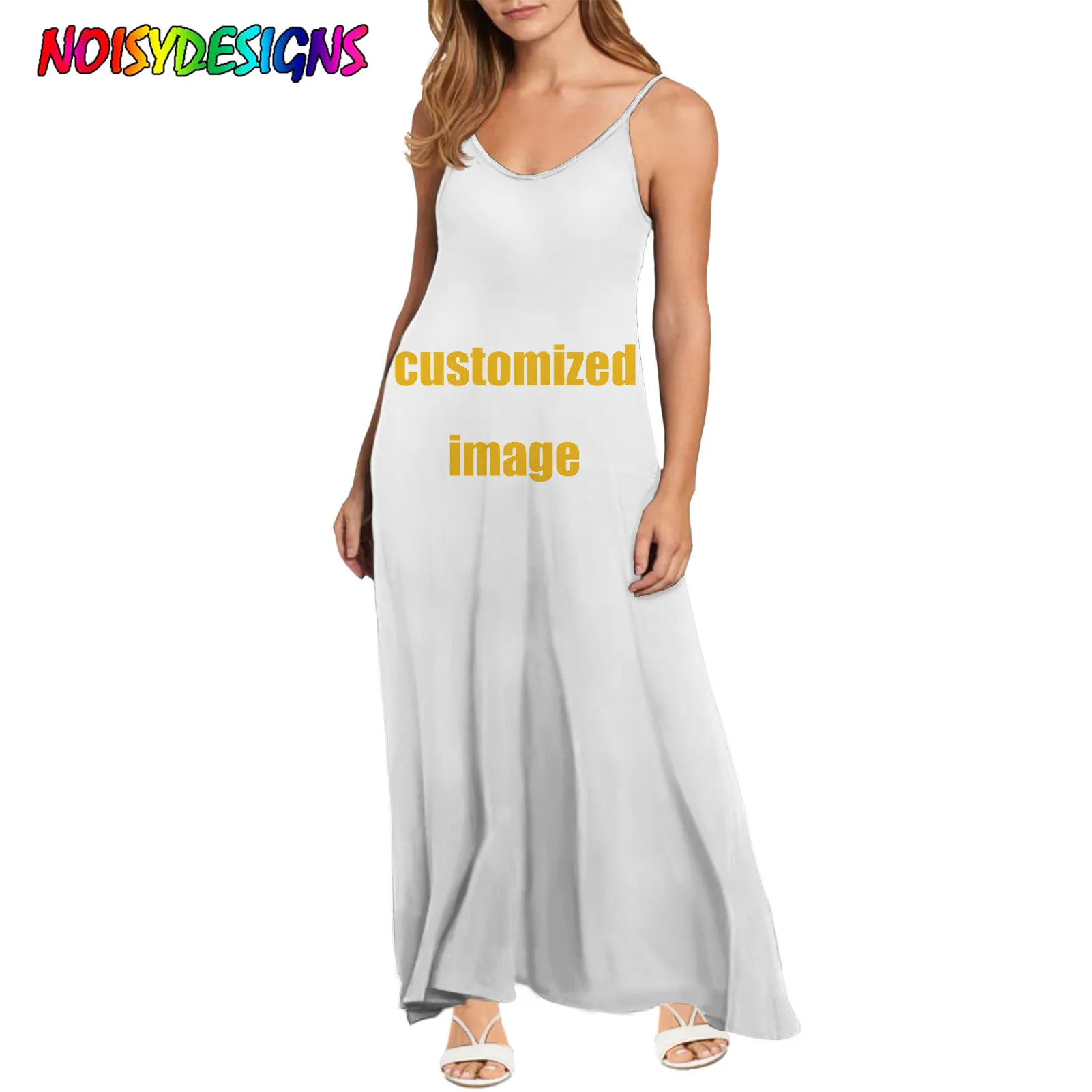 

NOISYDESIGNS Customized Printed Sleeveless Dress Women Summer V-neck Long Strapless Dress Female Loose Casual Basic Dresses