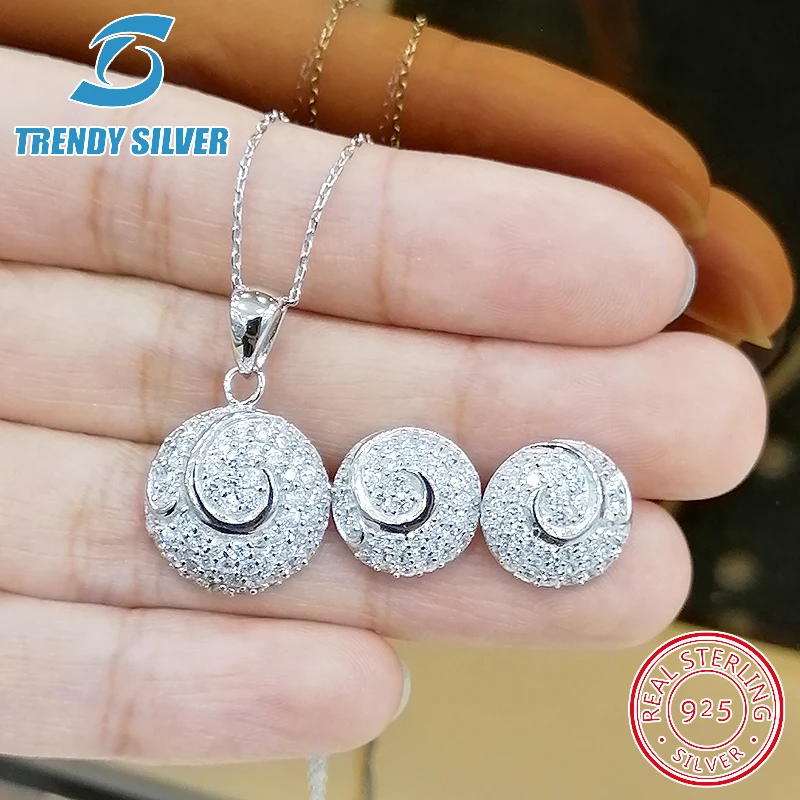 

complete pure 925 sterling silver zirconia clear CZ luxury jewelry set ring earrings for woman pendant necklace trendy design