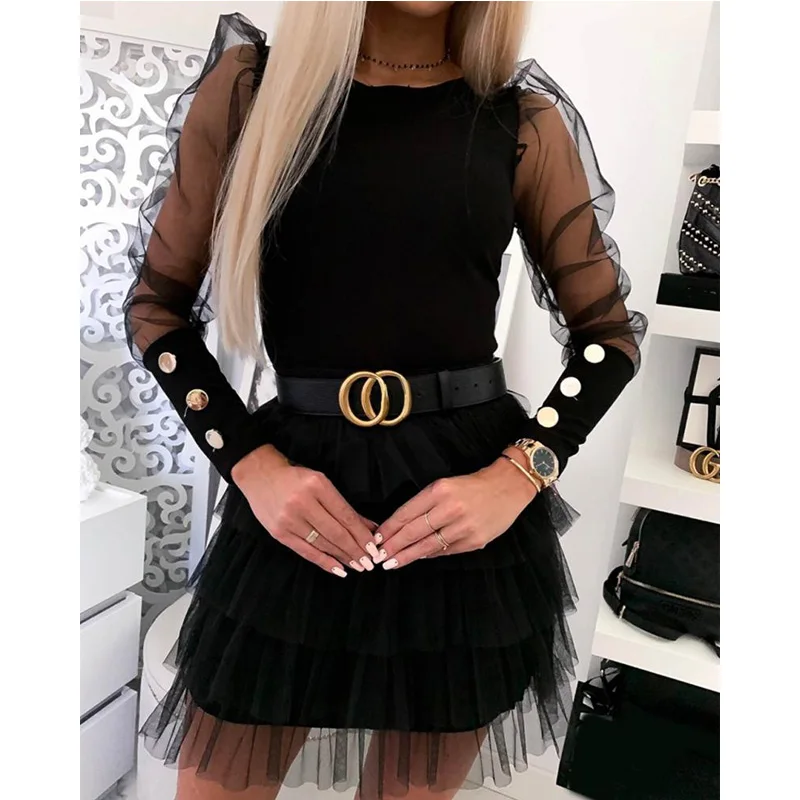 

Spring Women Mesh Sheer Puff Long Sleeve Shirt Blouses OL Work Tops Blouse Shirts Patchwork Buttons Casual Party Clubwear